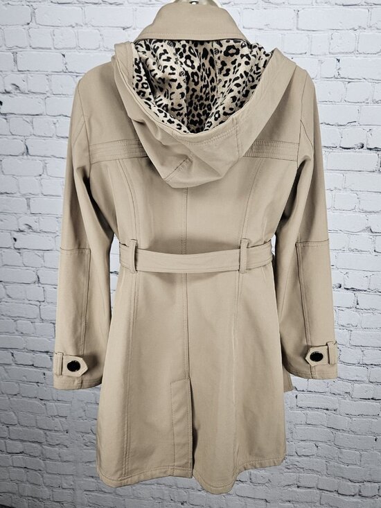 Nicole Miller Tan Leopard Removable Hood Belted Trench Soft Shell Long Coat S - Picture 2 of 16